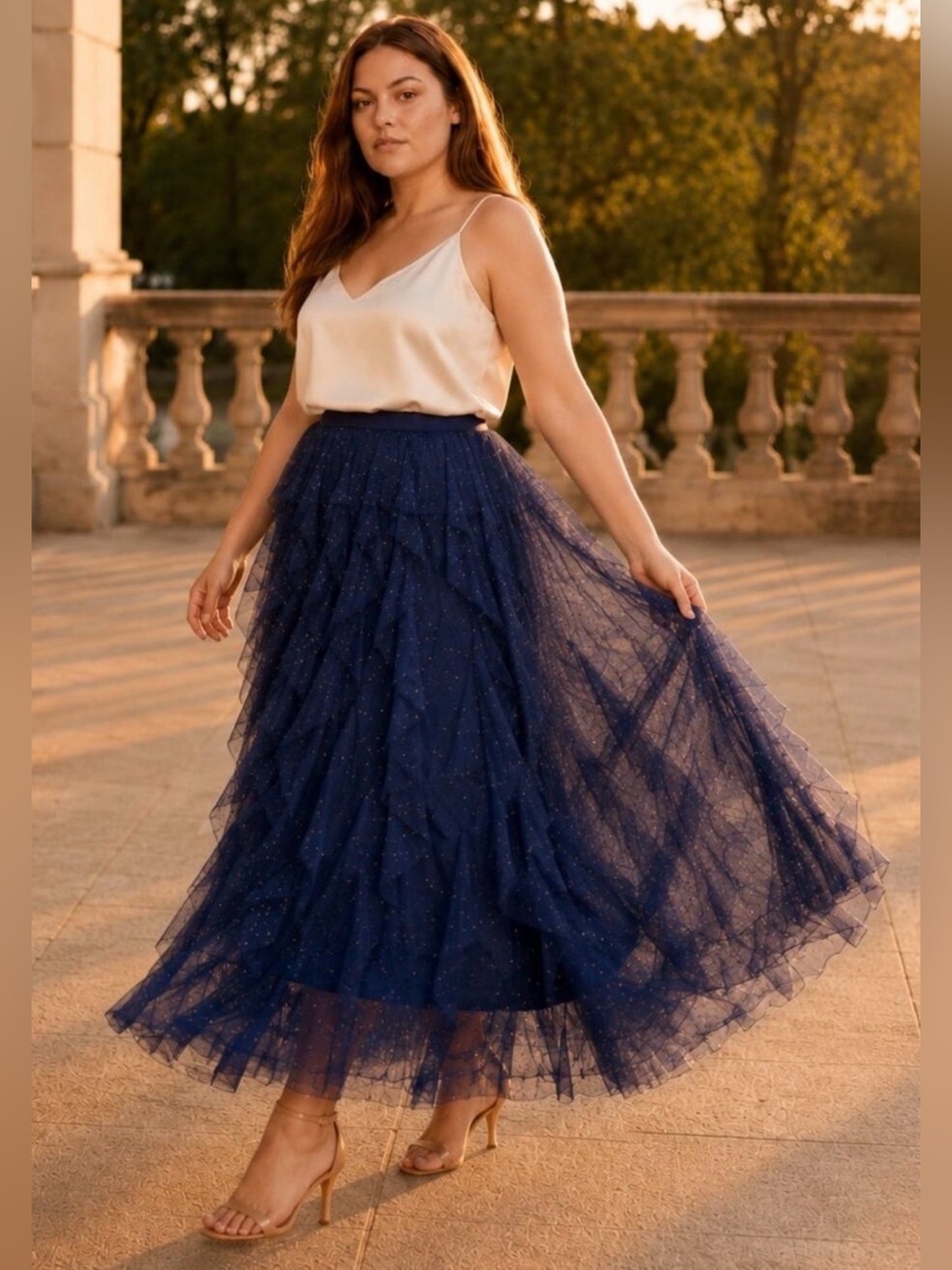 Carolina Navy Celestial Sparkle Tiered Tulle Maxi Skirt XL NWOT Formal